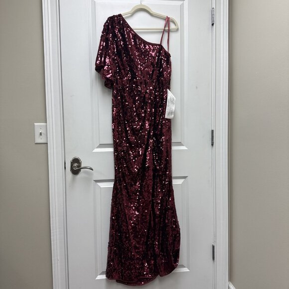 New Mac Duggal Size 16 Burgundy 93540 One-Shoulder Sequin Formal Gown Maxi Dress - Picture 10 of 12